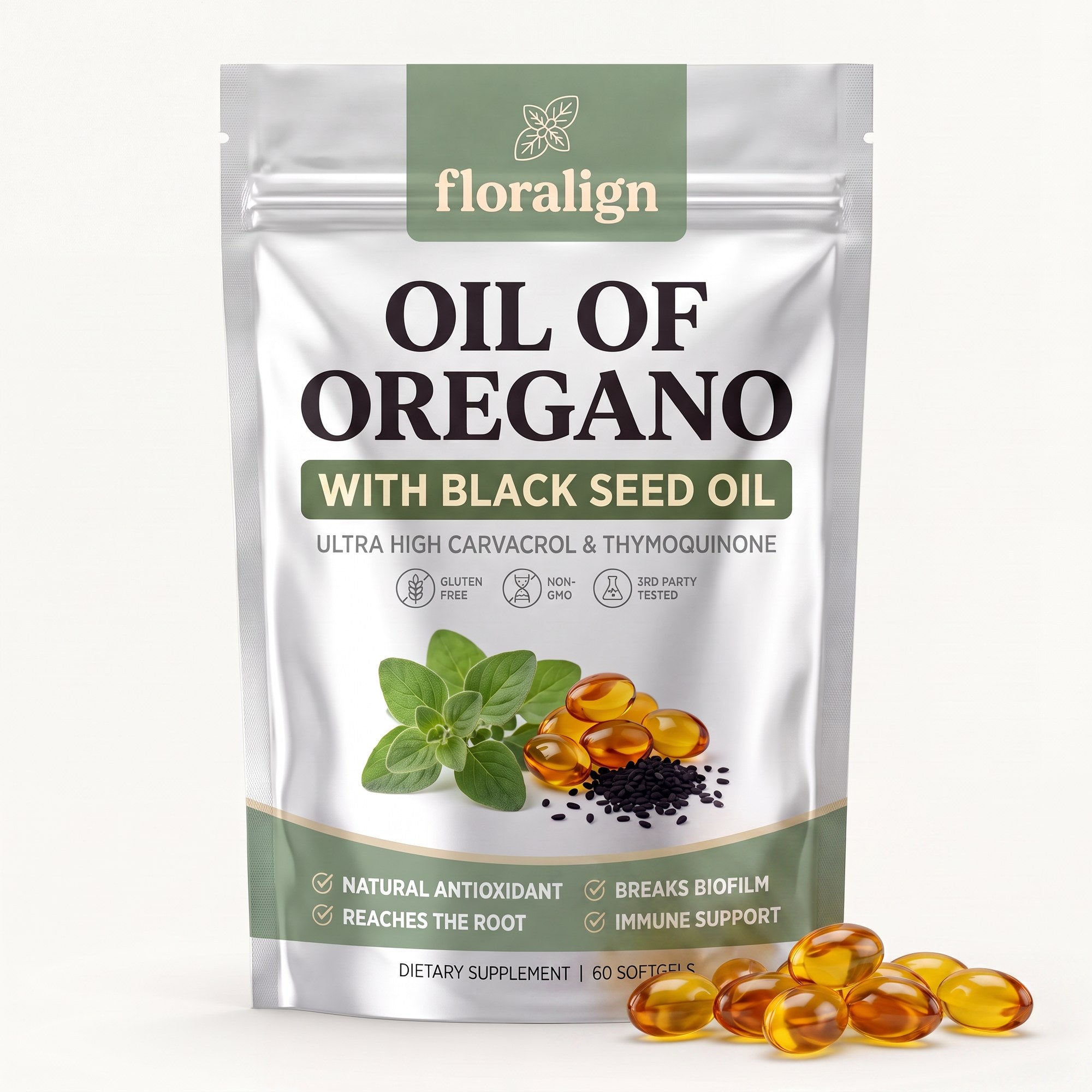Floralign — amber lipid softgels beside the pouch
