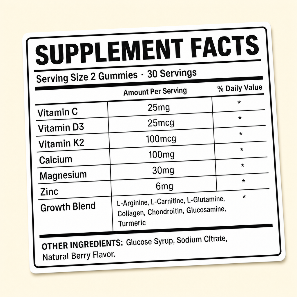 HeightMax supplement facts panel