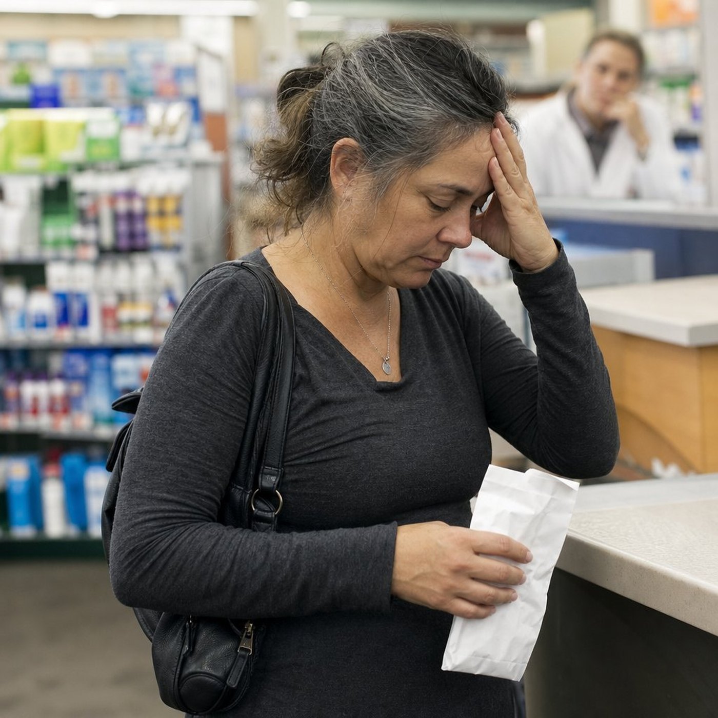 Woman at pharmacy counter looking exhausted