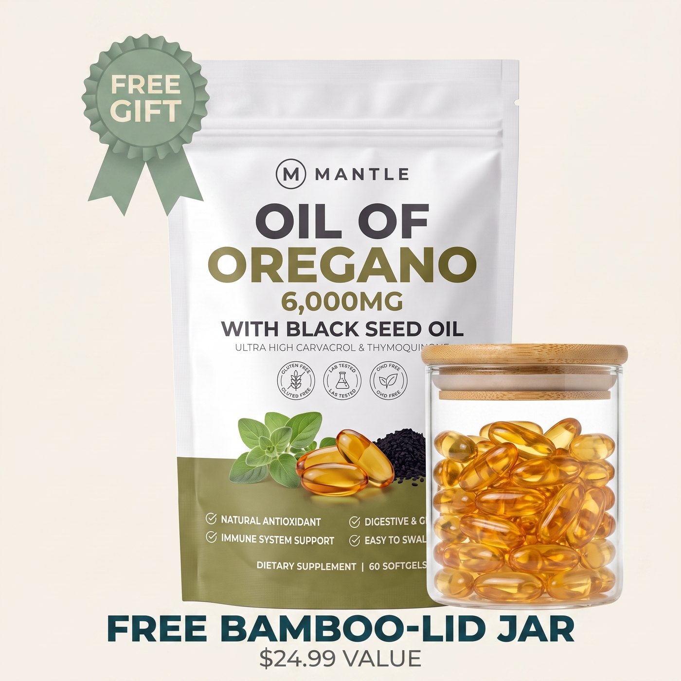 Mantle 6-pouch supply with FREE bamboo-lid glass softgel jar
