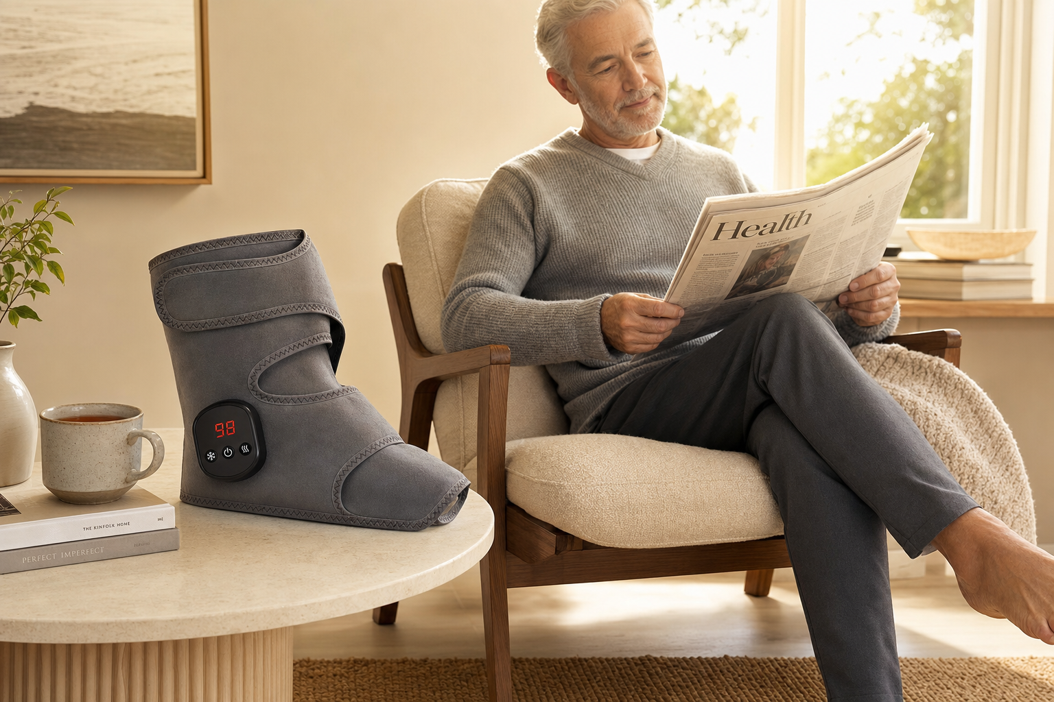 A senior man relaxes with the NeuroPulse device beside him