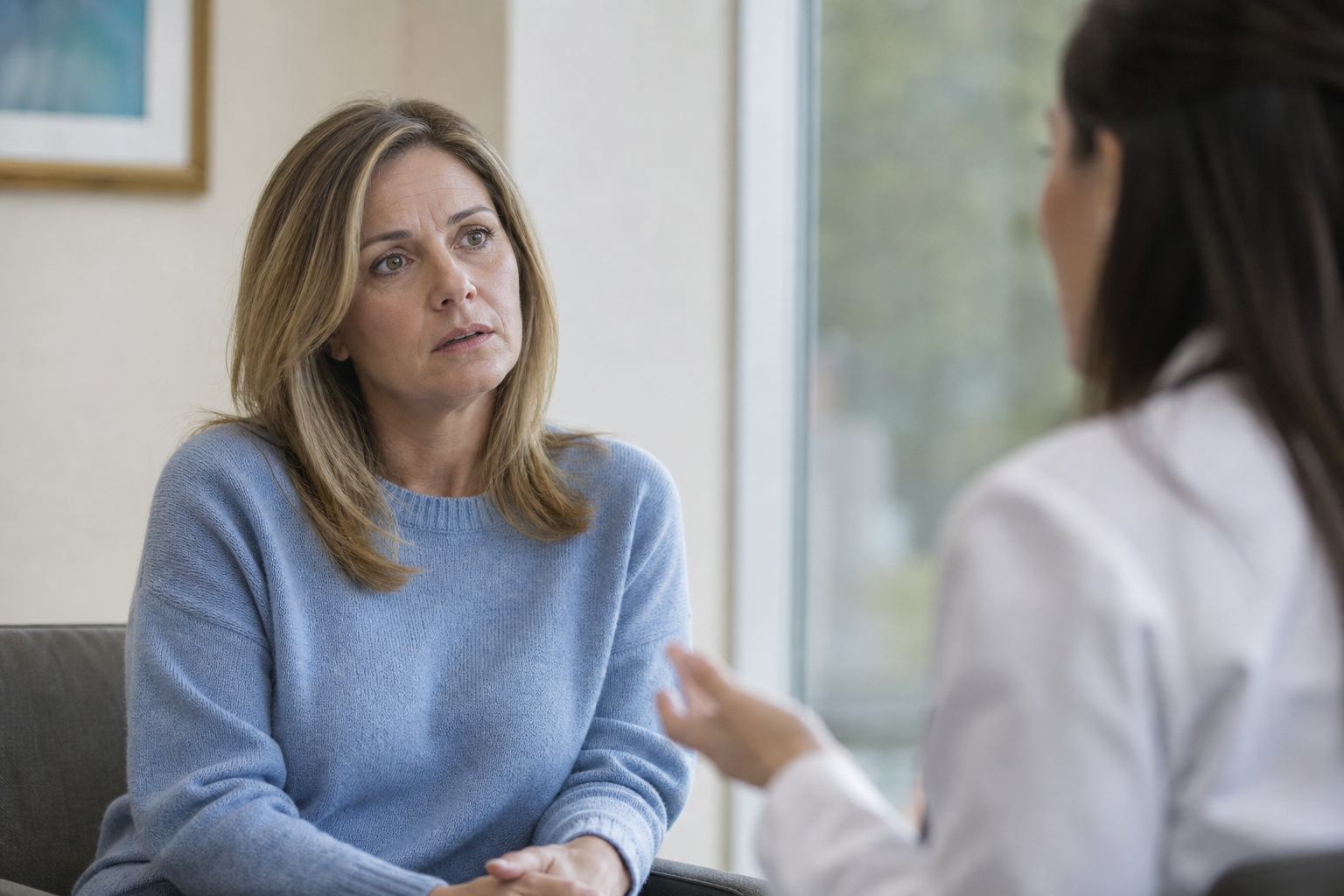 A woman in a consulting room, listening
