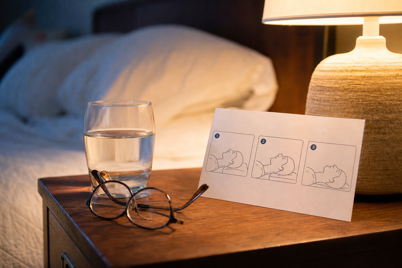 A printed reset card on a bedside table